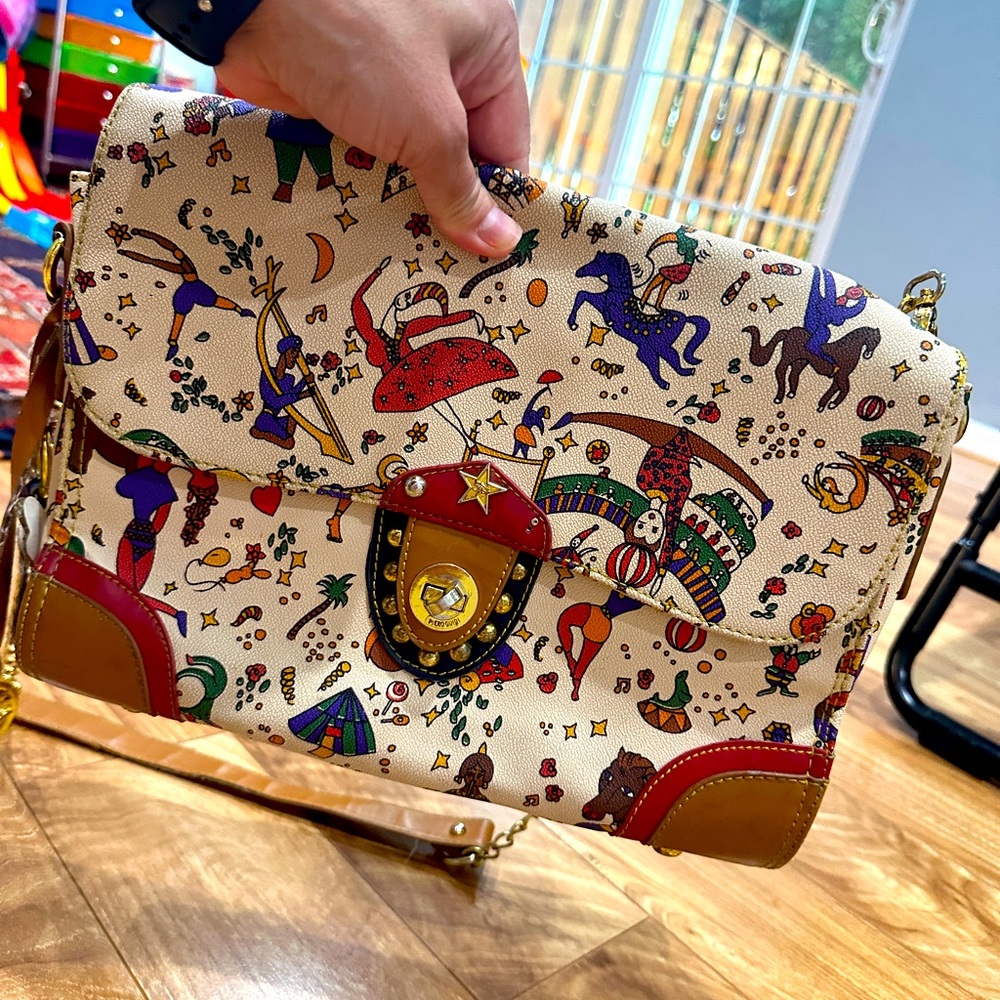 Piero Guidi Cream Multicolor Circus Print Crossbody Bag with Red & Tan Accents